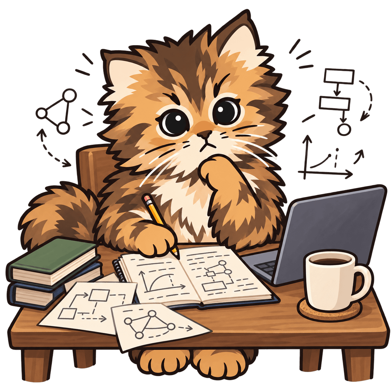 A cartoon Coco reviewing engineering notes beside a laptop